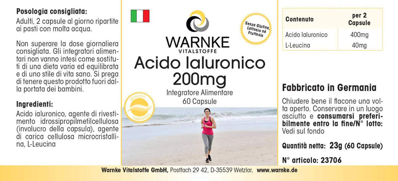Hyaluronic acid 200mg - high dose - vegan - 60 capsules | Warnke vital substances - NewNest Australia