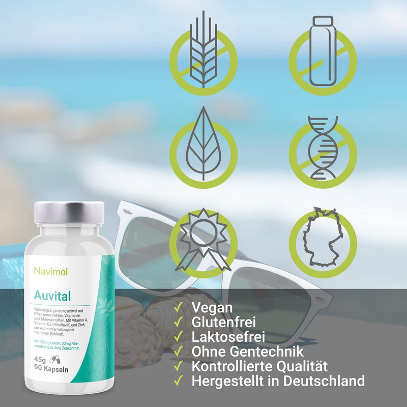 Auvital - 90 capsules | Dietary supplement: With vitamin A, vitamin B2 (riboflavin) & zinc to maintain normal vision | 20mg lutein | 50 mg resveratrol | 4mg zeaxanthin - NewNest Australia