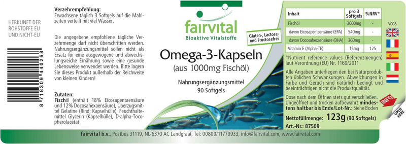 Fairvital | Omega-3 capsules made from 1000 mg fish oil - HIGH DOSE - 3000 mg per daily dose - 90 softgels - with EPA and DHA - NewNest Australia
