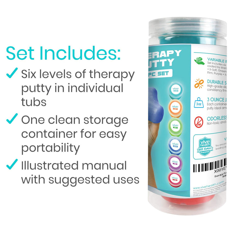 Vive Exercise Putty (6-Pack) - Therapeutic, Occupational and Therapy Tool - Thinking and Stress - Finger, Hand Grip Strength Exercises - Extra Soft, Soft, Medium, Firm Sensory Kit - Squeezable Ball - NewNest Australia