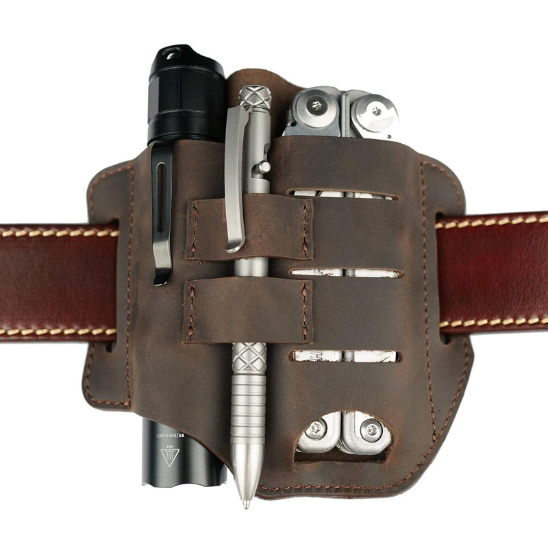 VIPERADE PJ13 EDC Leather Sheath, Knife Belt Sheath/Leather Flashlight Holster/for Leatherman Multitools Sheath, Handmade 3 Pockets Organizer Sheath for Knives/Flashlights/Tactical pens/Tools (Brown) Brown - NewNest Australia