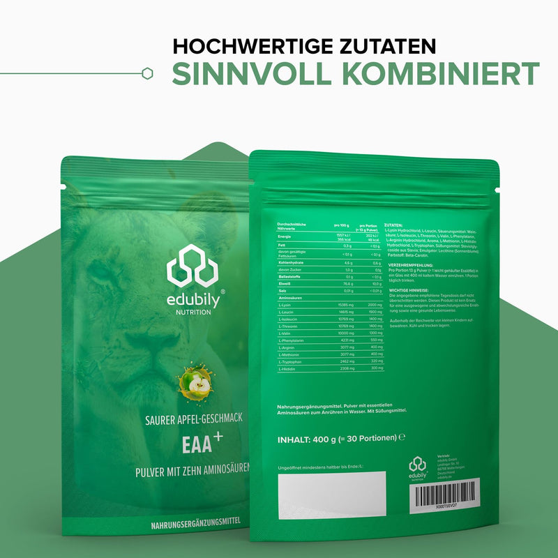 edubily nutrition® Vegan EAA powder • High-quality EAA complex made of 10 essential amino acids • Sour apple flavor • Sweetened with stevia • 400 g - NewNest Australia