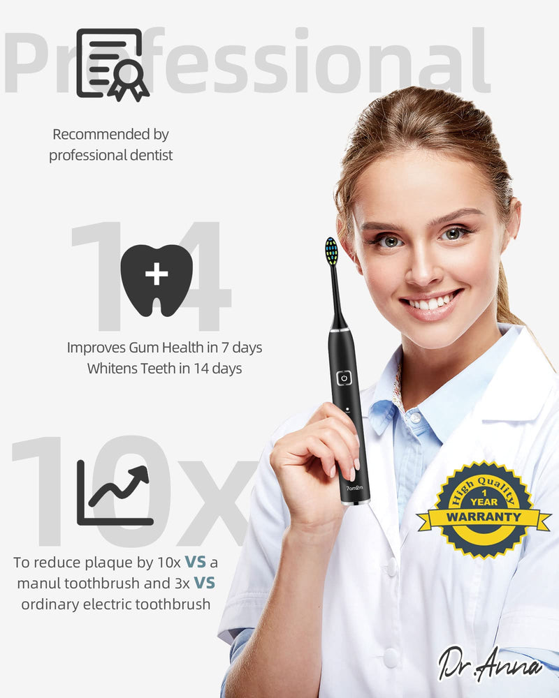 7am2m Sonic Electric Toothbrush with 6 Brush Heads for Adults and Kids, Wireless Fast Charge, One Charge for 60 Days,5 Modes with 2 Minutes Build in Smart Timer, Electric Toothbrushes(Black) Black - NewNest Australia