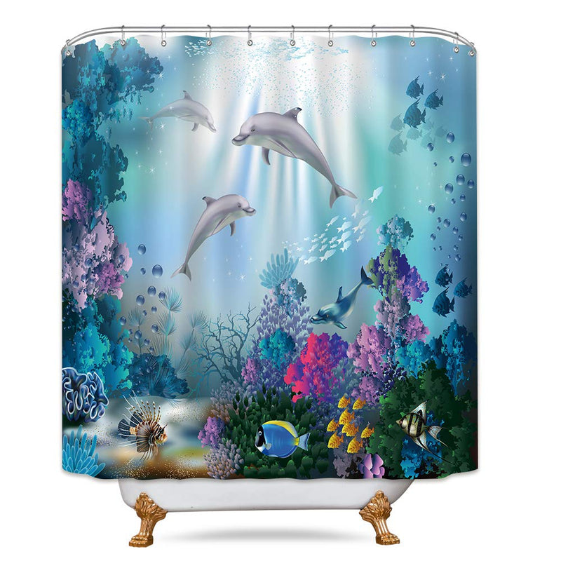 Riyidecor Dolphin Shower Curtain Underwater Algaes Coral Reefs Sunbeam Tropical Fish Marine Wildlife Ocean Animal Seabed Bathroom Decor Fabric Polyester Waterproof 72Wx72H Inch 12 Pack Plastic Hooks - NewNest Australia