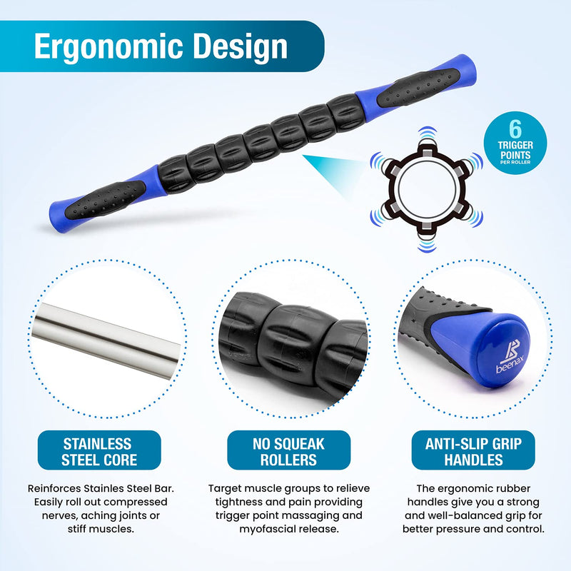 Beenax Muscle Therapy Massage Stick, 360° Tension Reduction - Ridged Gears for Trigger Points, Deep Tissue, Myofascial Release, Leg, Quads & Calf Tightness - Relieve Soreness, Cramps and Pain Blue - NewNest Australia