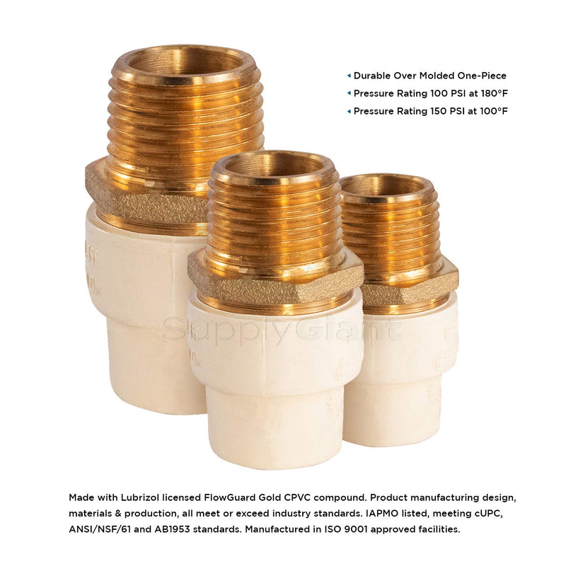 Supply Giant CSDQN056 Male x PVC Adapter Transition Pipe Fitting Durable Over Molded One-Piece Design 3/4 in. Lead Free Brass - NewNest Australia