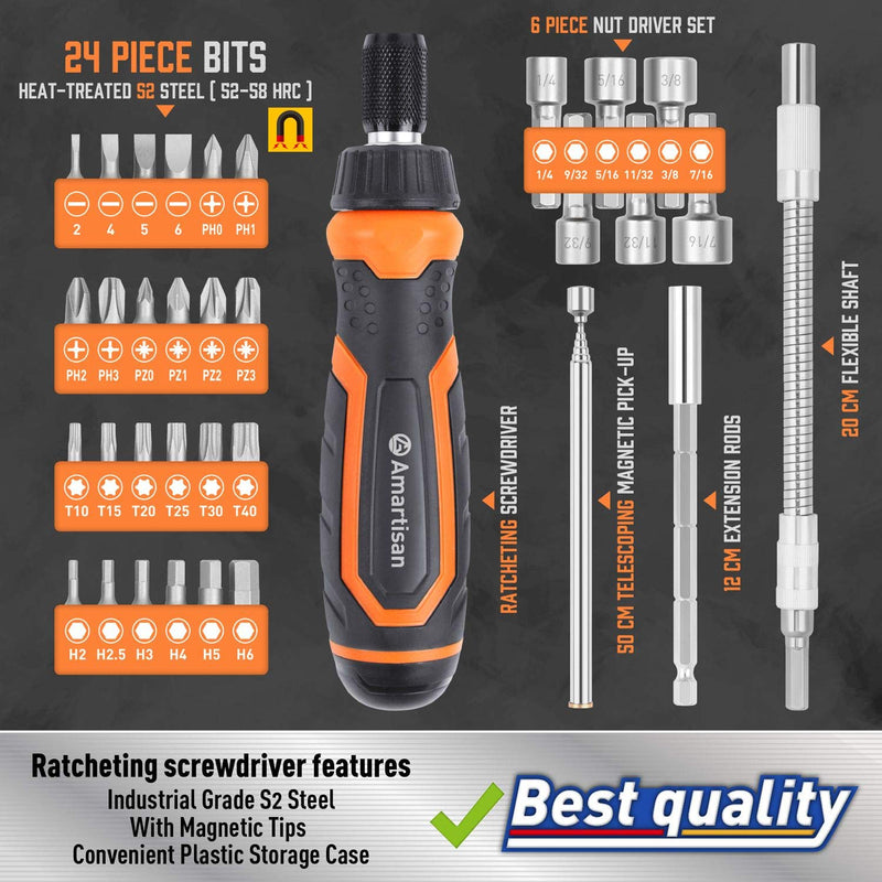 Amartisan Magnetic Ratchet Screwdriver Set, 34-Piece Multi-bit Ratchet Screw Drivers, Slotted/Philips/Pozi/Torx/Hex - NewNest Australia