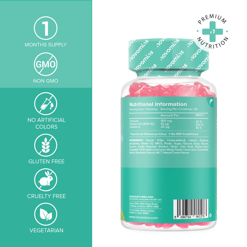 Calcium Gummies for Kids - Healthy Bones & Teeth - Vegetarian - 1 Month Supply – Chewable Childrens Calcium Supplement – 30 Chewable Kids Vitamins – Infused with Vitamin D & K2- by Novomins - NewNest Australia