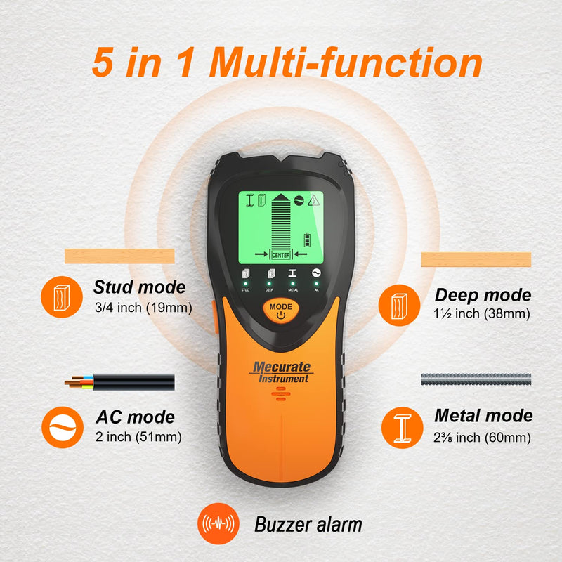 Mecurate Stud Finder Wall Scanner Sensor - 5 in 1 Electronic Stud with LCD Display & Audio Alarm for Wood AC Live Wire Metal Studs Detection Joist Pipe - NewNest Australia
