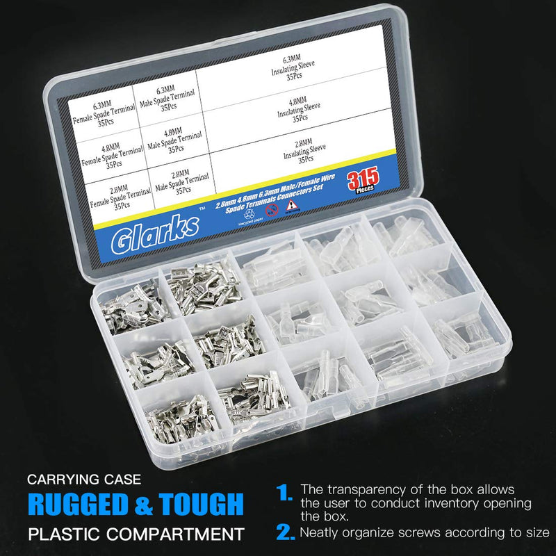 Glarks 315Pcs Quick Splice 2.8mm 4.8mm 6.3mm Male and Female Wire Spade Connector Wire Crimp Terminal Block with Insulating Sleeve Assortment Kit 315Pcs Silver Spade Connector - NewNest Australia
