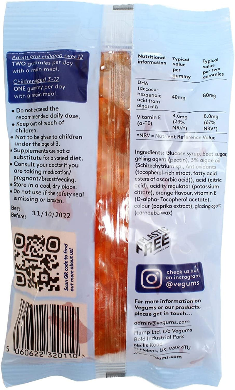 Vegums Fish-Free Omega-3 for Kids and Adults | 30 Orange-Flavoured Food Supplement Gummies with Omega-3 (DHA) Sourced from Marine Algae & Vitamin E | Suitable for Vegans and Vegetarians 30 Count (Pack of 1) - NewNest Australia
