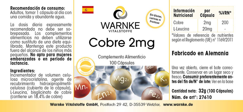 Copper capsules - 2mg - vegan - 100 capsules - made from copper bisglycinate | Warnke vital substances - NewNest Australia