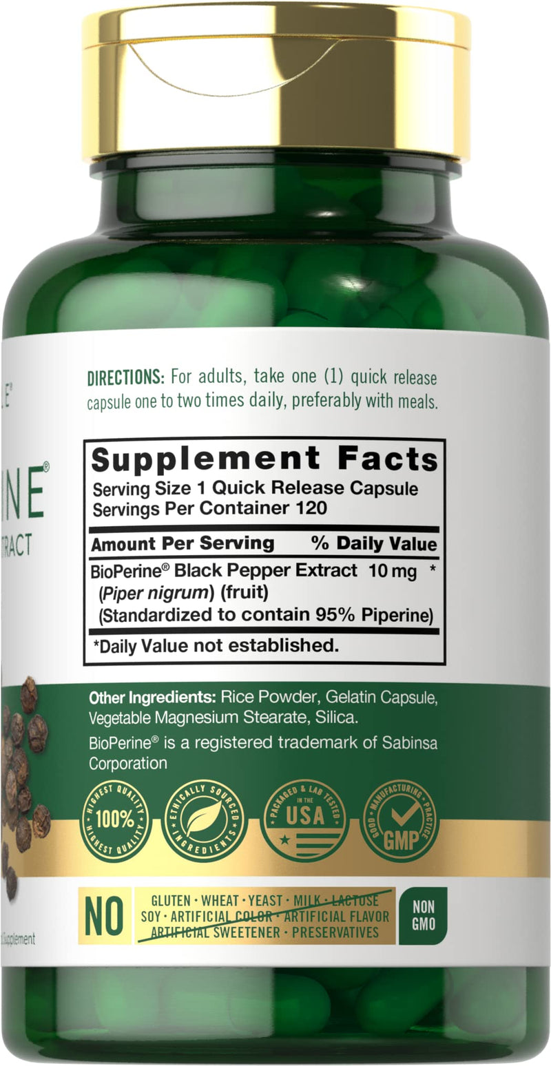 Bioperine 10mg | 120 Capsules | Non-GMO & Gluten Free | Sourced from Black Pepper Extract | Supports Curcumin Powder Absorption | by Carlyle - NewNest Australia