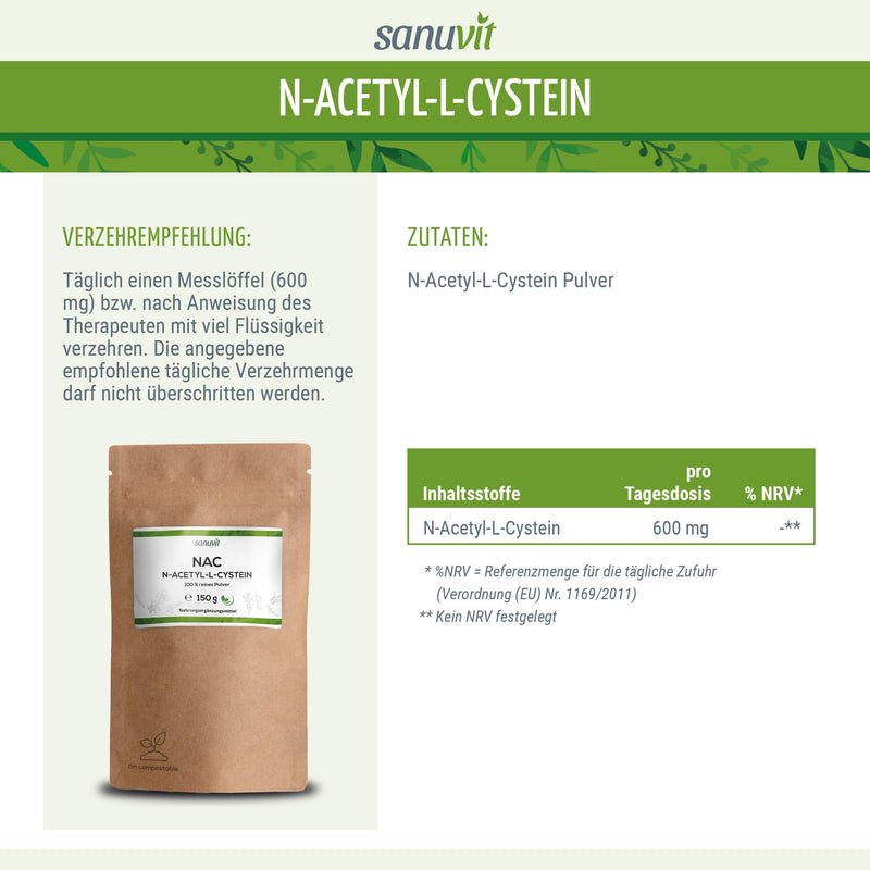 Sanuvit® - NAC powder | 150g per bag | 6 month supply | N-Acetyl-L-Cysteine | High bioavailability and tolerability | Vegan | Made in Austria - NewNest Australia