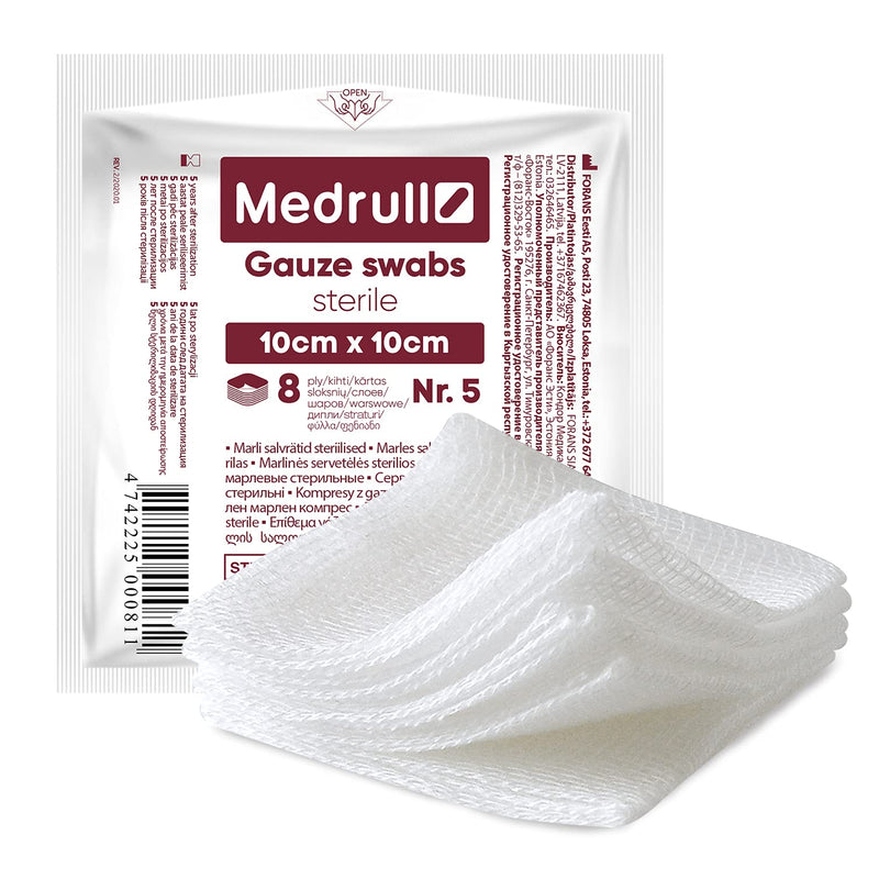 Medrull - Sterile Gauze Swabs, Pack of 100 (20 x 5 Pieces) 8-Ply, 10 cm x 10 cm, Absorbent Dressings, Bandage Material, Gauze Bandages, Wound Dressings 10x10 cm (100er Pack) - NewNest Australia