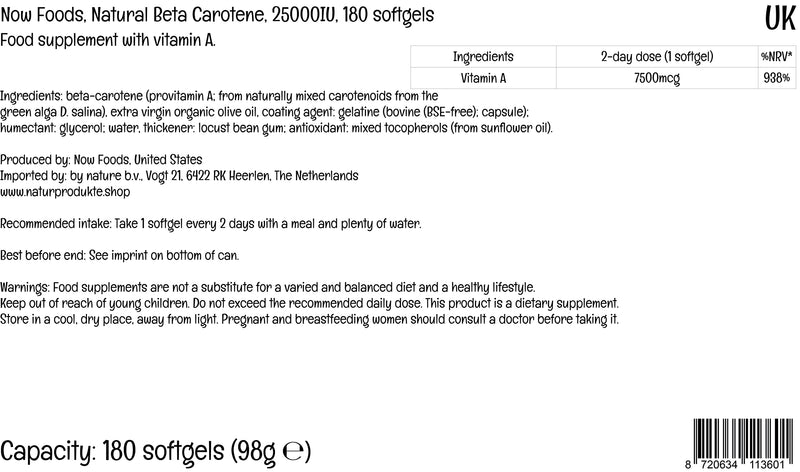 Now Foods, Natural Beta Carotene (natural beta carotene), 7,500mcg (25,000IU), 180 softgels, provitamin A, laboratory tested, soy-free, gluten-free, non-GMO - NewNest Australia