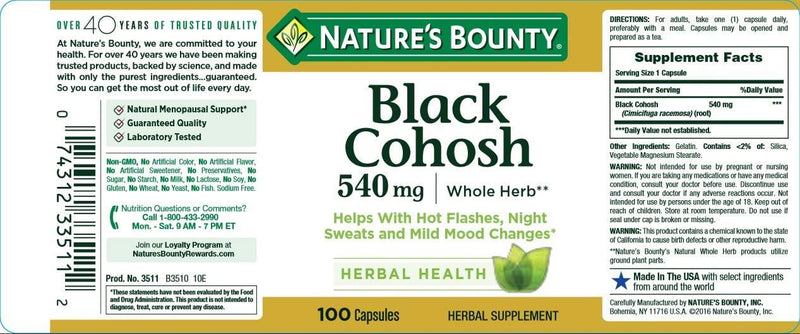 Nature's Bounty Black Cohosh Root Pills and Herbal Health Supplement, Natural Menopausal Support, 540 mg, 100 Capsules - NewNest Australia