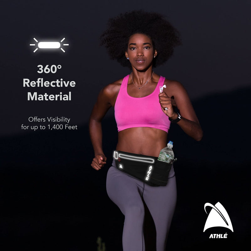Athle Running Fanny Pack with Water Bottle Holder - Adjustable Run Belt Storage Pouch with Zipper Pocket For Sports and Travel – 360° Reflective Band – Fits iPhone Plus, Galaxy Note Black/Silver - NewNest Australia