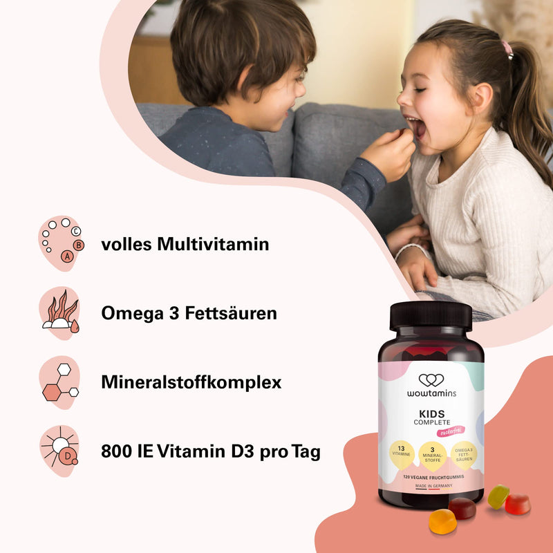 wowtamins KIDS Complete sugar-free, delicious multivitamin as fruit gums with Omega 3s for children (120 pieces) - vitamin C, D3, K2, B12, zinc & more (sugar-free, pack of 1) 120 pieces (pack of 1) - NewNest Australia