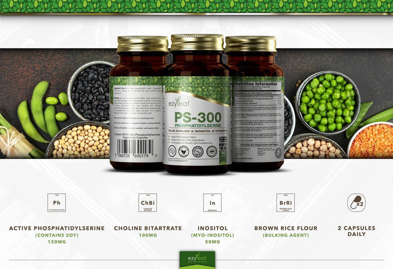 Ezyleaf Phosphatidylserine Ps-300 With Choline Bitartrate & Myo-Inositol | 90 High Dose Capsules Phosphatidyl Serine - 300Mg | Phosphatidylserine, Choline | Gmo & Gluten Free, Iso Certified - NewNest Australia