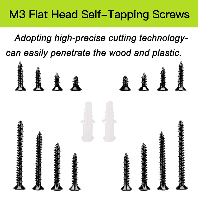 M3 Flat Head Wood Screws Assortment Fasteners Kit 420pcs,Phillips Drive Countersunk Head Self-Tapping Screws,Carbon Steel,Contains 20pcs M6 Screw Anchors Black - NewNest Australia