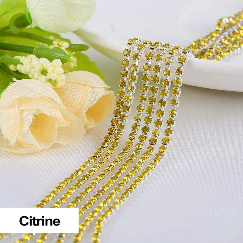 1 Roll 10 Yards Rhinestone Trim Crystal Cup Chain in Silver Setting Casing Clear (Citrine/Yellow SS6 2mm) Citrine / Yellow SS6 2mm - NewNest Australia