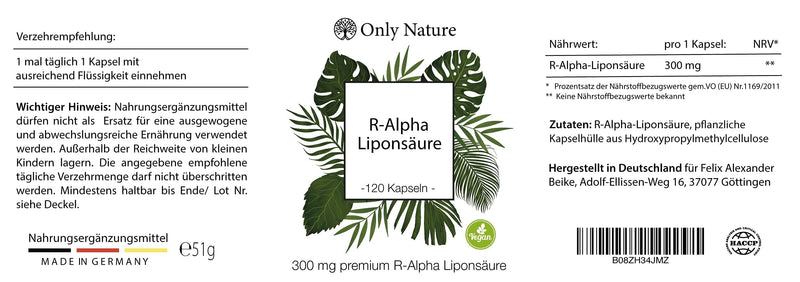 Only Nature® R Alpha Lipoic Acid 300mg - high dosage - 120 laboratory-tested capsules - vegan - without additives - produced in Germany - R-Alpha Lipoic Acid - NewNest Australia
