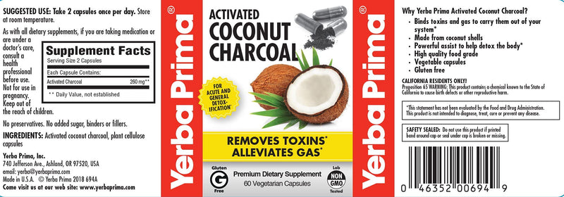 Yerba Prima Activated Coconut Charcoal, 60 Capsules - Natural Detox Cleanse - Vegetarian, Vegan, Gluten Free, Non GMO - NewNest Australia