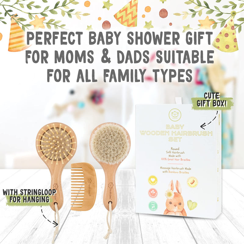 Baby Hair Brush and Baby Comb Set - Wooden Baby Brush with Soft Goat Bristle - Toddler Hair Brush Baby Brush and Comb Set - Baby Brush Set for Newborns - Infant Hair Brush, Cradle Cap (Round, Walnut) Round - NewNest Australia