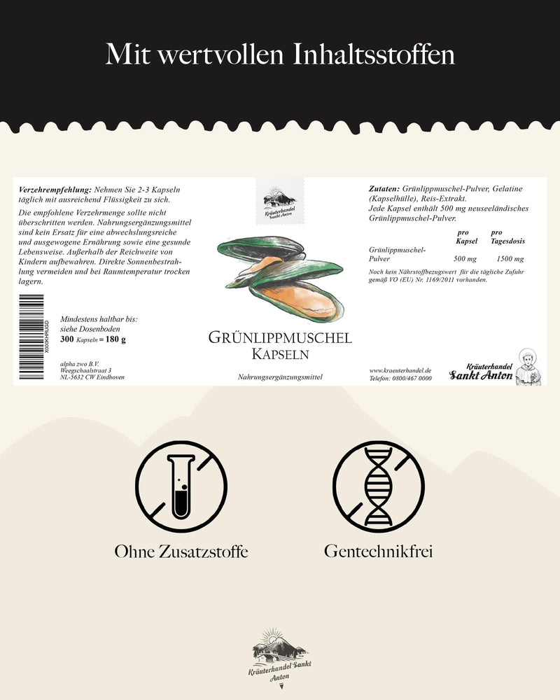 KRÄUTERHANDEL SANKT ANTON Green Lipped Mussel Capsules (150 for 1-3 Months) - Dietary Supplement with Green Lipped Mussel Concentrate - 500 mg per Capsule - Premium Quality 150 Pieces (Pack of 1) - NewNest Australia