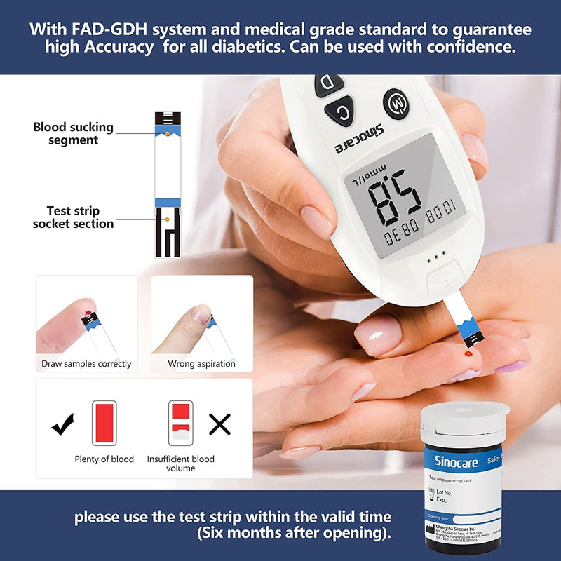 sinocare Diabetes Testing Kit / Blood Glucose Monitor Safe Accu Blood Glucose Sugar Test Kit with Strips x 100 & Lancing Devices x 100 & Case for UK Diabetics -in mmol/L Safe Accu Glucometer x 100 strips - NewNest Australia