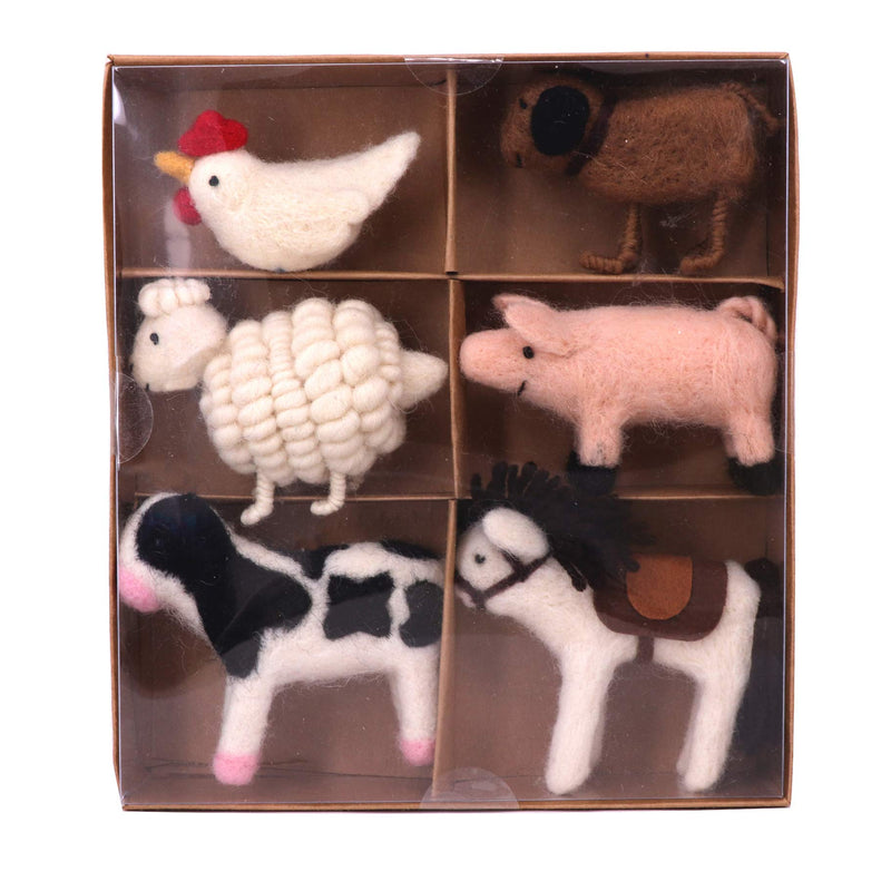 NewNest Australia - B & D needle felt Animal, Needle Wool Domestic Fowl Ornament,White Rooster, Horse, Sheep, Pink Pig, Cow, and Dog, set of 6 pieces 