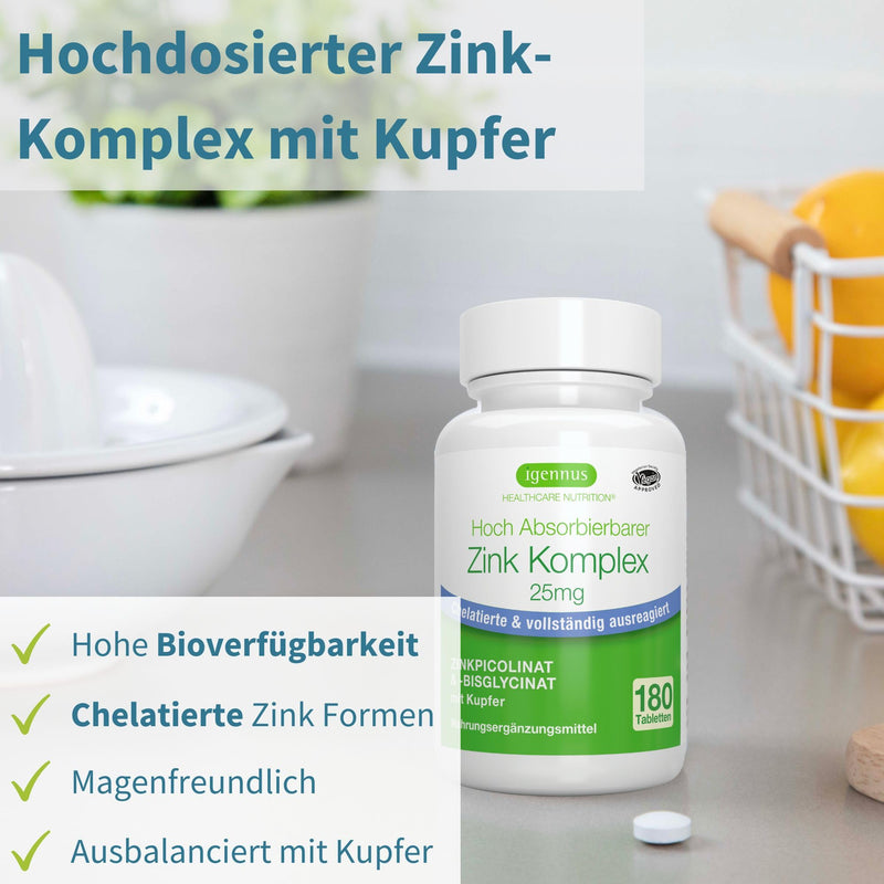 Zinc Chelate 25mg, zinc tablets high dosage with copper, zinc bisglycinate & zinc picolinate for healthy skin, immune system, and cell health, clean label, 180 tablets, from Igennus - NewNest Australia