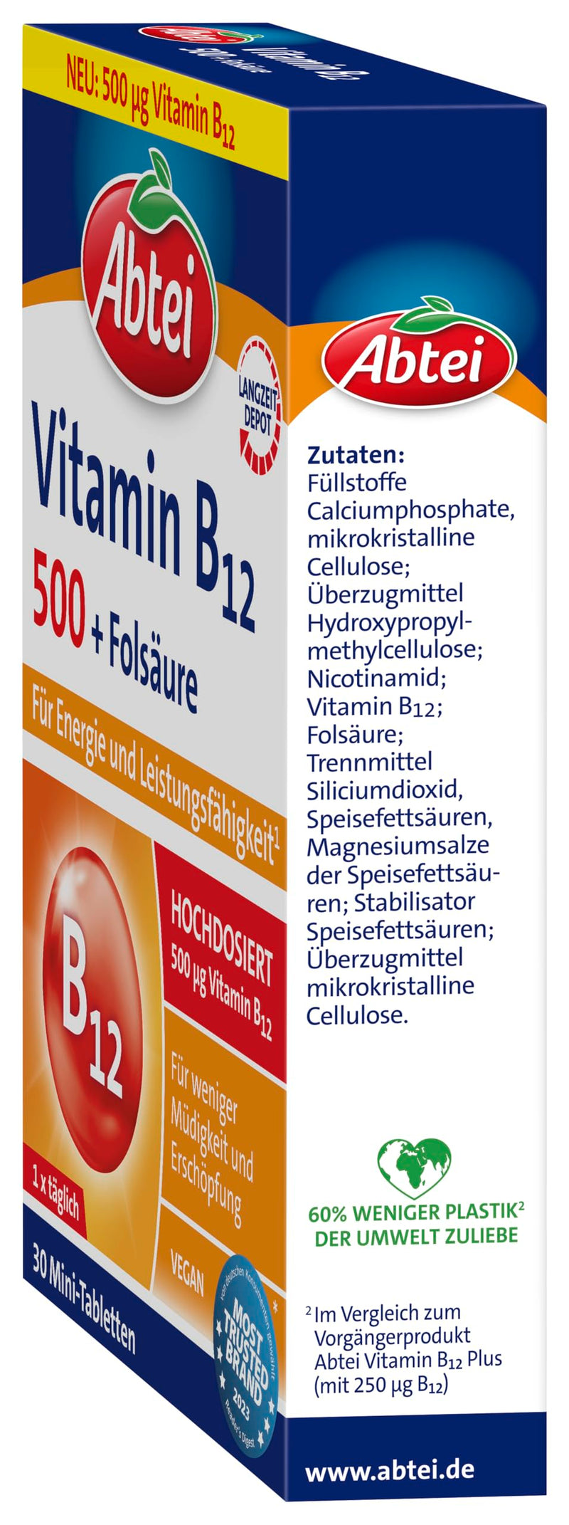 Abbey Vitamin B12 plus folic acid - for energy and performance - high dose with 500µg vitamin B12 and 200µg folic acid, 1 x 30 tablets - NewNest Australia