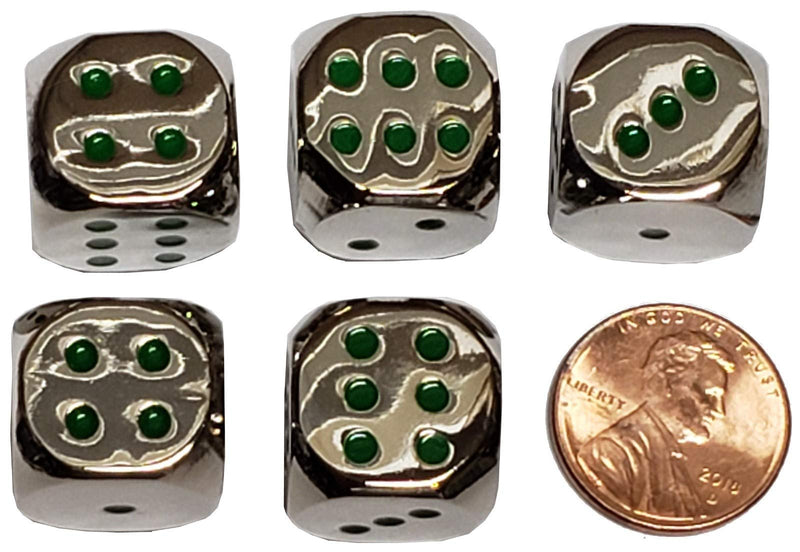 Set of (5) Solid Zinc Alloy Metal Polished Finish 16mm Dice, Rounded Corners with Black Velvet Cloth Pouch Silver with Green Dots - NewNest Australia
