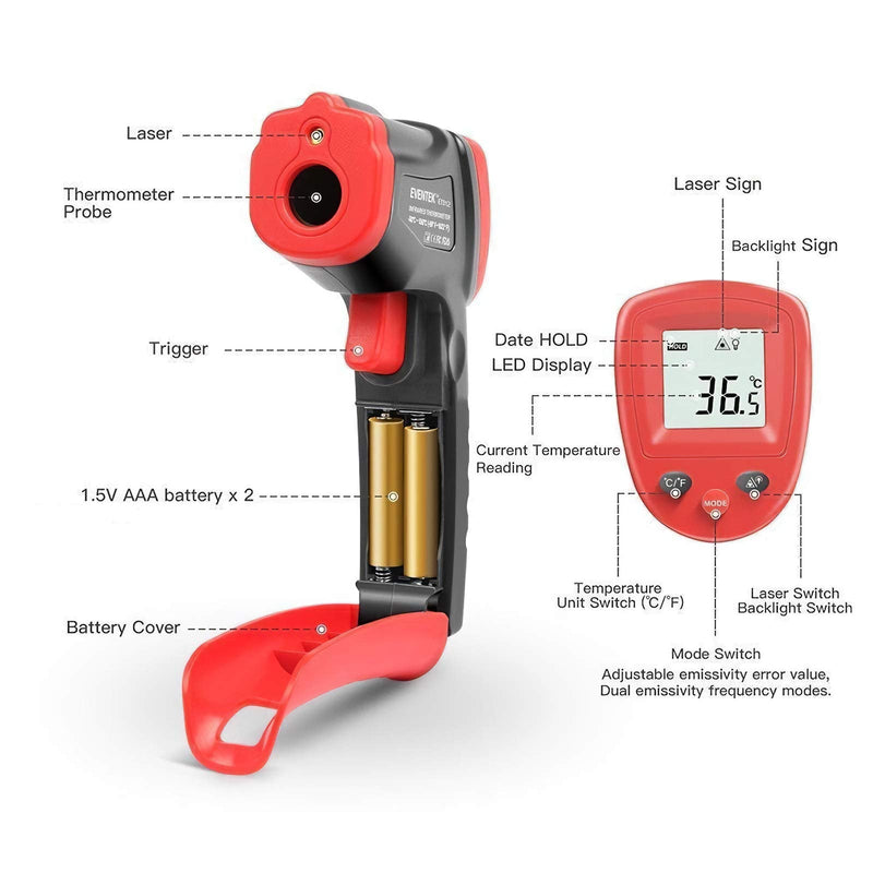 Eventek Infrared Thermometer, -50°C~550°C (-58°F~1022°F) IR Laser Thermometer, Non-Contact Digital Temperature Gun for Kitchen Cooking,BBQ,Chocolate,Pizza,Industrial Red/Black【Non-Body use】 ET312,-50°C~550°C (-58°F~1022°F) - NewNest Australia