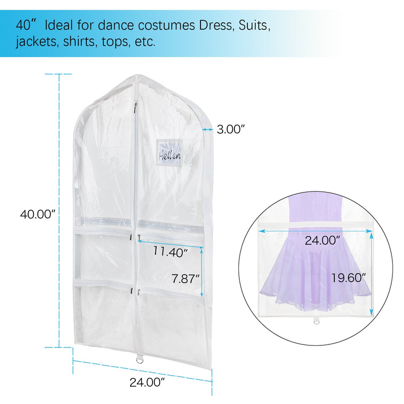 NewNest Australia - Univivi Clear PVC Dance Costume Bags Garment Bag 40 Inch for Dance Competitions, with 4 Medium Clear Zipper Pockets and 1 Large Back Zippered Pocket (Clear) Clear - 24" x 40" 