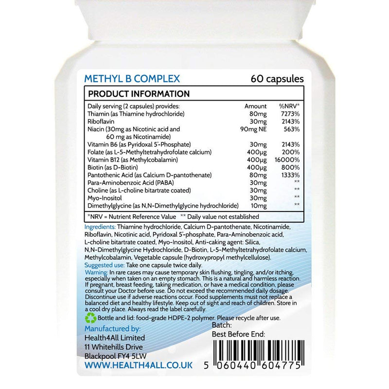 Methyl B Complex 60 Capsules (V) (not Tablets) with Methylcobalamin, Methyl Folate, P5P, Choline, Myo-Inositol, DMG and PABA for Stress Support, Energy and methylation. Made in UK by Health4All 60 Count (Pack of 1) - NewNest Australia