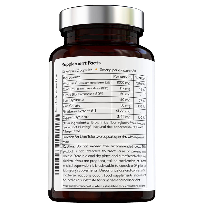 Complex Action Formula: Non-Acid Vitamin C + Iron + Zinc + Copper + Calcium with Citrus Bioflavanoids and Elderberry for Maximum Absorption - Vegan - Premium Ingredients - Made in The UK - NewNest Australia