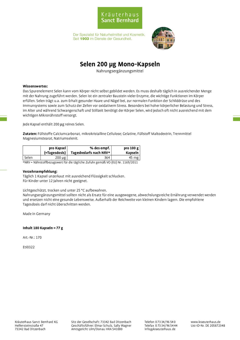Sanct Bernhard Selenium 200 µg mono capsules, contents 180 capsules for 6 months - NewNest Australia