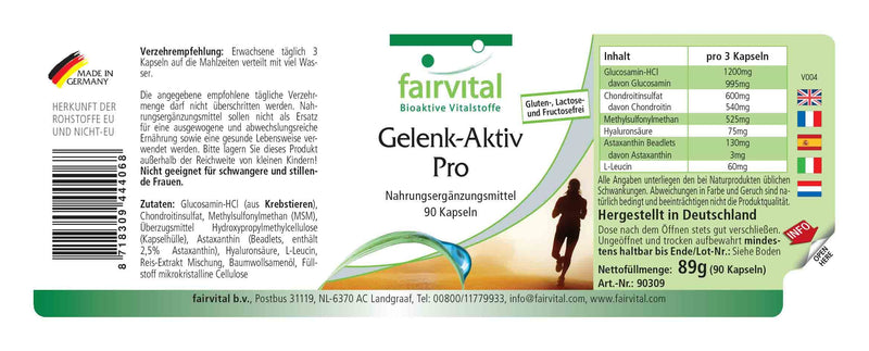 Fairvital | Joint-Active Pro - Glucosamine 1200 mg per daily dose with chondrotin sulfate + MSM + hyaluronic acid + astaxanthin - HIGH DOSE - 90 capsules - NewNest Australia