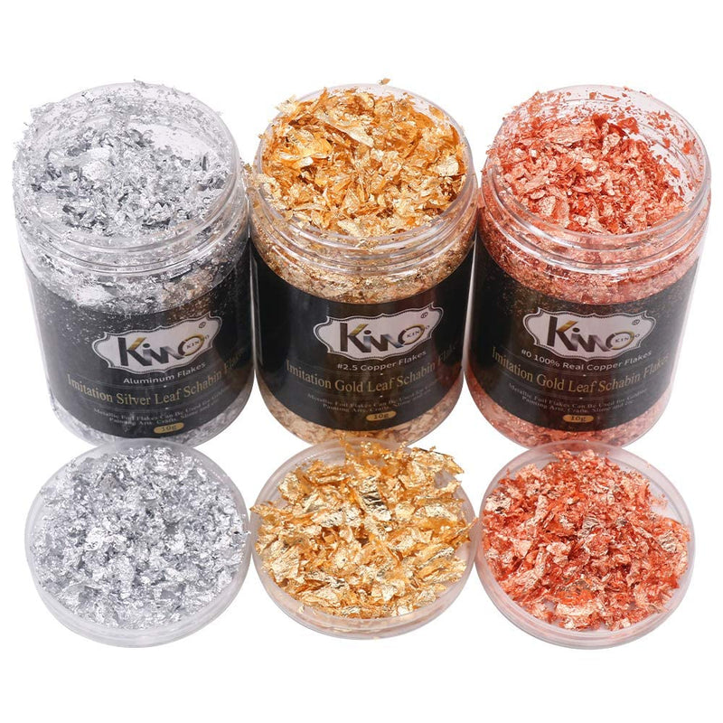 KINNO Gold Leaf Flakes Set with Tweezers and Brush - Color 2.5 Imitation Gold, Silver, Color 0 Real Copper, 3 Bottles Metallic Foil Flakes for Painting Arts and Crafts,Nail Art 30g+Brush - NewNest Australia