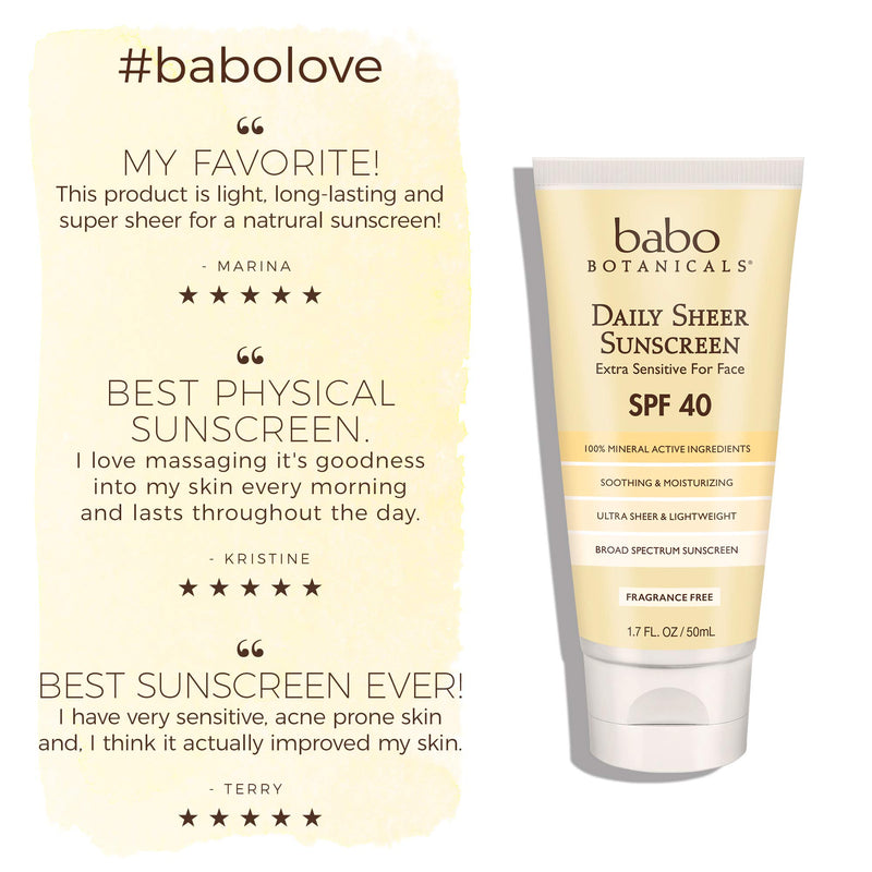 Babo Botanicals SPF 40 Daily Sheer Facial Sunscreen, Unscented, 1.7oz, Best Natural Mineral Sunscreen, Non-Nano, Sensitive - NewNest Australia