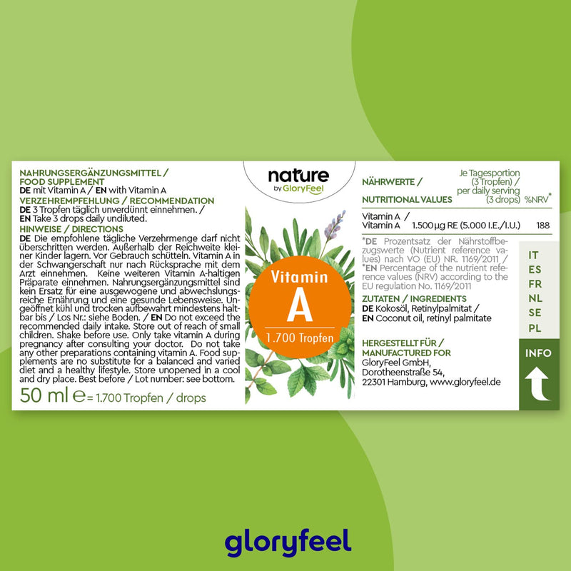 Vitamin A Drops High Dose - 5000 Iu (1500Œºg) Per Daily Dose - 50 Ml (1700 Drops) Real Vitamin A (Retinyl Palmitate) Dissolved In Mct Oil - Laboratory Tested Without Additives Made In Germany - NewNest Australia