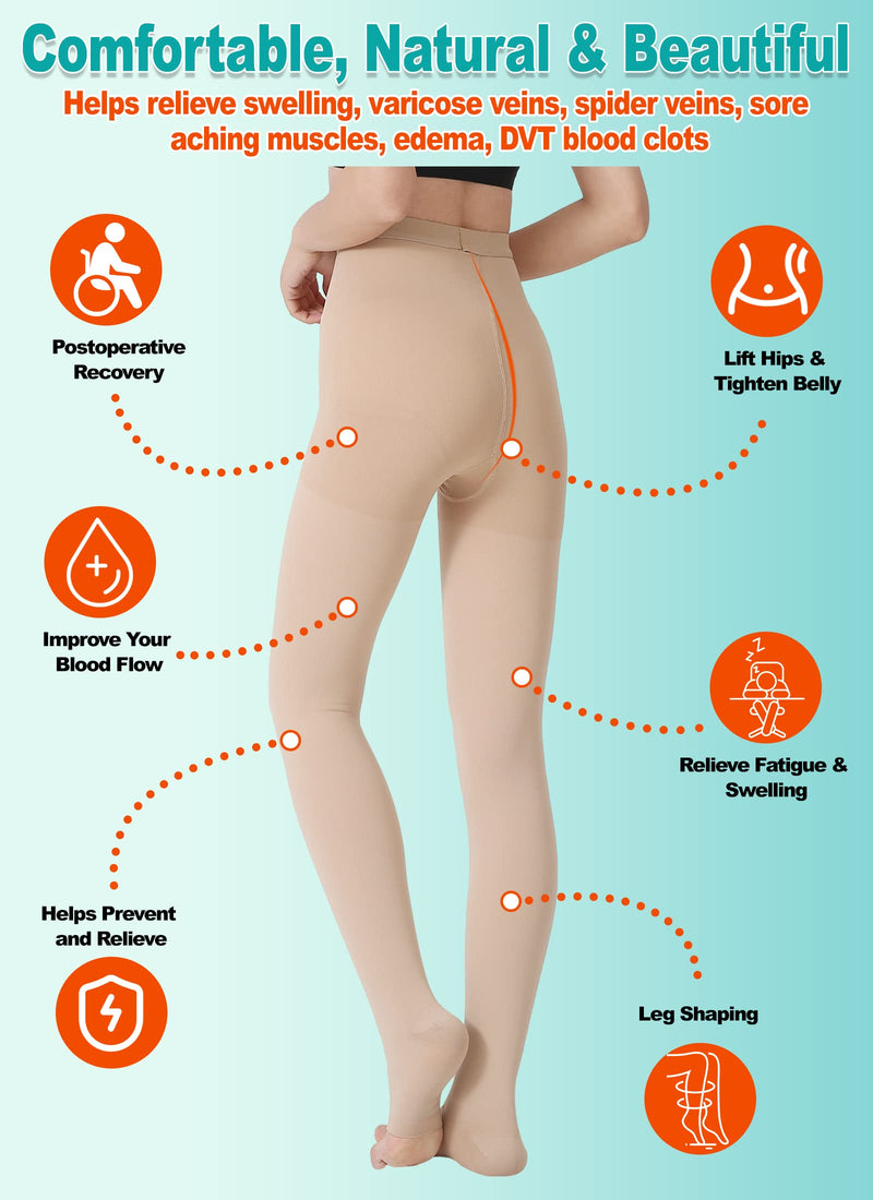 MGANG® Compression Pantyhose, Open Toe, Waist High Compression Stockings Opaque, 15-20 mmHg Pantyhose, Firm Support Hose for Unisex, Edema, Varicose Veins, Swelling, Nursing, Beige Small 15-20mmhg Beige Open-toe - NewNest Australia
