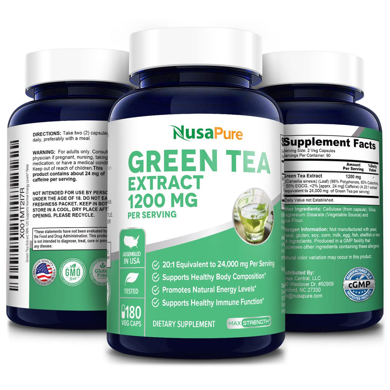 Green Tea Extract 98% 1200mg with EGCG 180 Vegan Capsules (Non-GMO & Gluten Free) Extract 20:1 Equivalent to 24000mg Green Tea Per Serving - Max Potency - NewNest Australia