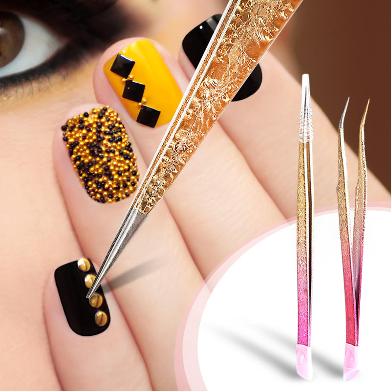 Ouligay 2 X Double Ended Nail Art Tweezers For Women Stainless Steel Tweezers Straight Curved Tip Tweezers With Silicone Pressing Head For Nail Craft Rhinestone Sticker Jewel Gemstone Picker Tool - NewNest Australia