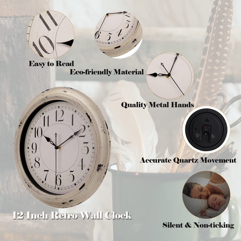 Wall Clock 12 Inch Retro Silent Non-Ticking Quartz Wall Clocks Battery Operated Decorative for Kitchen Home (Beige) Beige - NewNest Australia