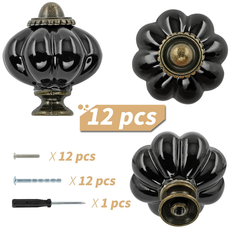Zernmiarder Black Ceramic Knobs 12 Pack - Pumpkin Cabinet Knobs Retro Dresser Knobs - Vintage Drawer Pulls with Screws for Closet Drawer Cupboard Cabinet and DIY Home Project - NewNest Australia
