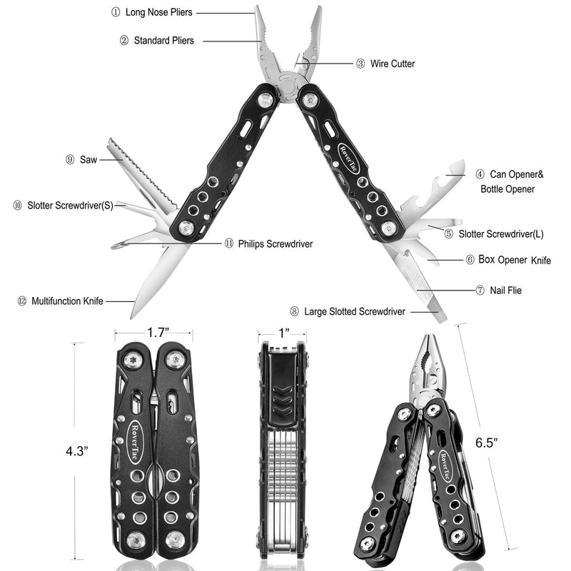 RoverTac Multitool Pocket Knife Camping Tool Fishing Pliers Safety Lock 12 in 1 Knife Screwdriver Bottle Opener Saw Durable Sheath Unique Gifts for Men Women Black - NewNest Australia